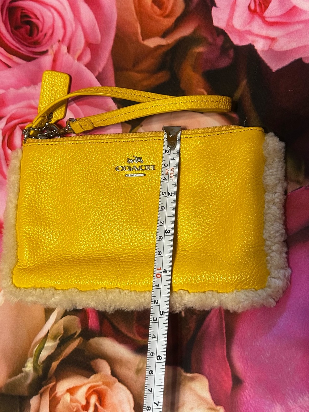 Coach Pebbled Leather Wristlet in Yellow and Shearling trim - Picture 9 of 10